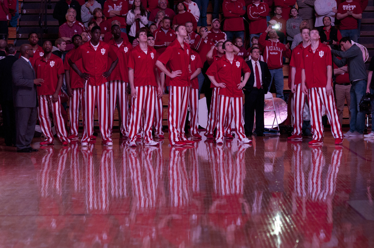 Hoosier players watch the pre-game highlight reel before their game against the University of North Florida at Assembly Hall in Bloomington, Saturday, Dec. 7, 2013. IU beat the Ospreys, 89-68, in my first Hoosiers game at this holy place of Indiana basketball since my IDS days.