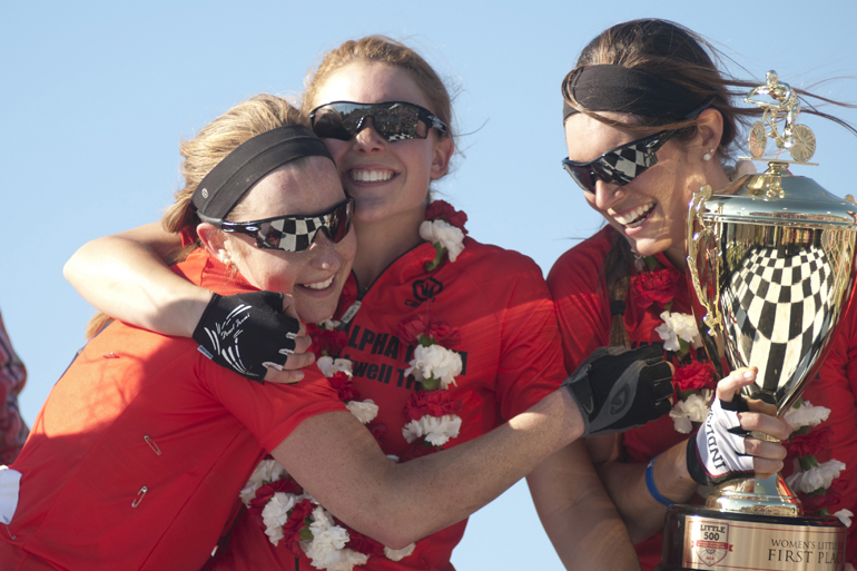 Brenna McGinn, Kate McDougal and Elizabeth Lieberman celebrate their victory in the women\'s Little 500 at Bill Armstrong Stadium in Bloomington, Friday, April 25, 2014.