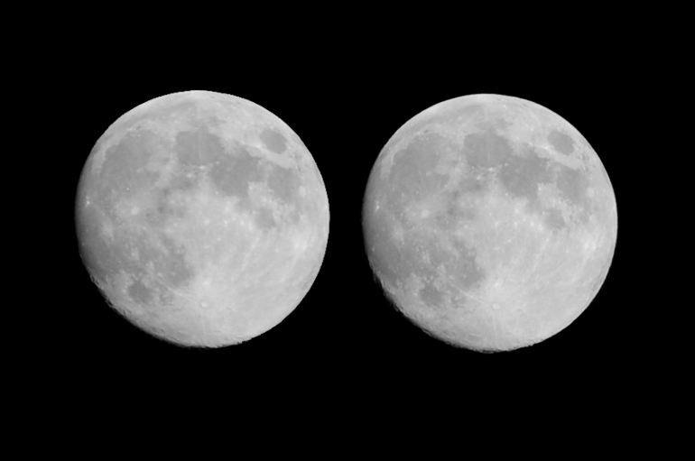 I took two photos of the Moon, one at 8:53 p.m. EDT last night (left) and the other at 3:33 a.m. EDT this morning. They show the satellite in ever-so-slightly different phases, but because they were taken 6 hours and 40 minutes apart, and because the Moon seems to librate, each photo sees at a slightly different angle. The angles are just different enough, and your brain is just powerful enough, that if you cross your eyes and put one image on top of another, you can convince yourself that it's a 3D image. Try it!
