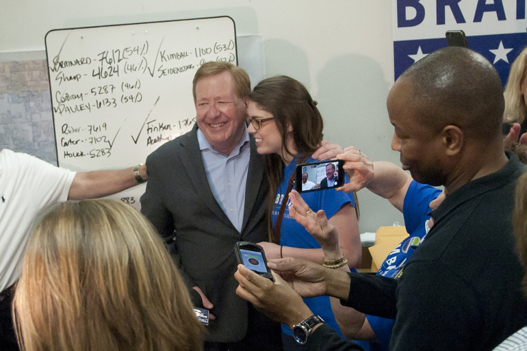 Incumbent Carmel mayor Jim Brainard and his daughter Marie embrace after the Republican primary for the Carmel mayoral race between Brainard and City Council president Rick Sharp is called for Brainard, Tuesday, May 5, 2015.