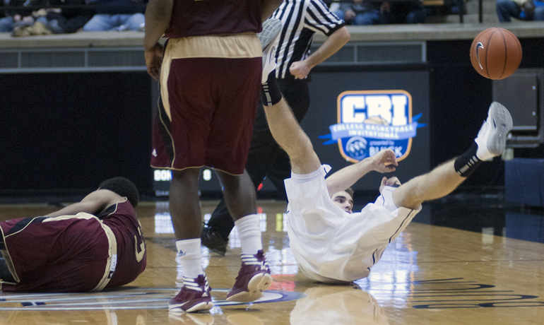 Purdue guard Dru Anthrop (right) falls after trying to chase down a loose ball during an 86-83 loss to Santa Clara University in a College Basketball Invitational tournament game on Monday, March 25, 2013, at Mackey Arena.