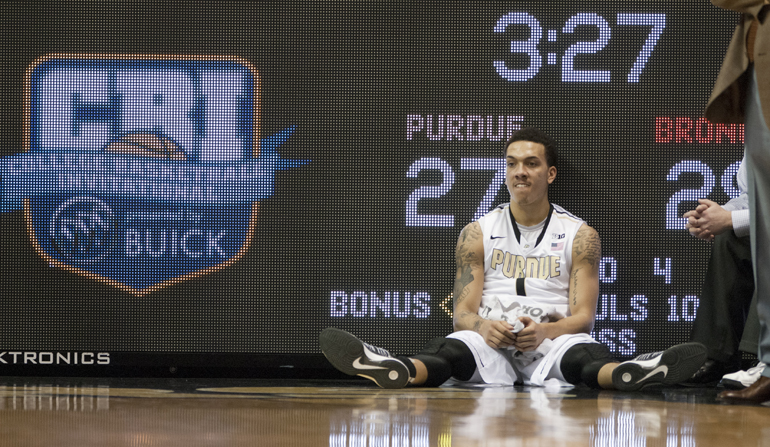 Purdue guard Anthony Johnson sits in front of the scoreboard during an 86-83 loss to Santa Clara University in a College Basketball Invitational tournament game on Monday, March 25, 2013, at Mackey Arena.