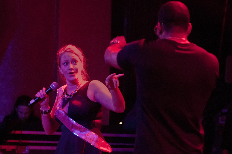 Heather Bline, whose birthday was Saturday, was brought on stage to sing with Nelly at The Vogue, Sunday, Feb. 8, 2015. The concert, presented by Creative Carter Group, was the launch party for 93.9 The Beat.