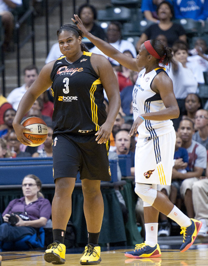 Shock center Courtney Paris reacts to a called foul during the Indiana Fever\'s 107-102 overtime loss to the Tulsa Shock at Bankers Life Fieldhouse, Wednesday, June 25, 2014.