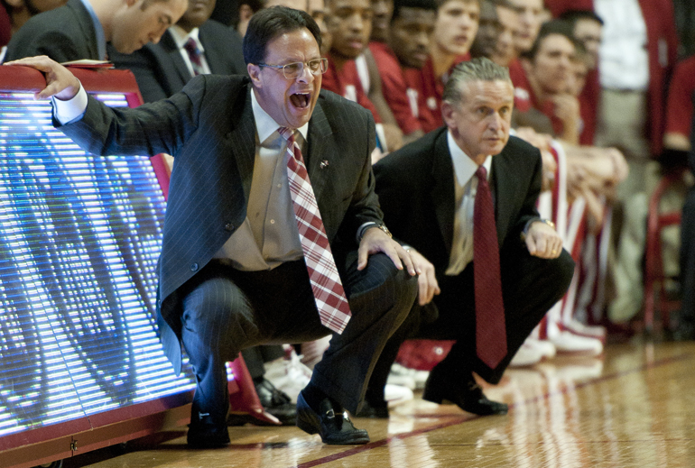 Hoosier head coach Tom Crean yells instructions to his players during the first half of IU\'s game against the University of North Florida at Assembly Hall in Bloomington, Saturday, Dec. 7, 2013.