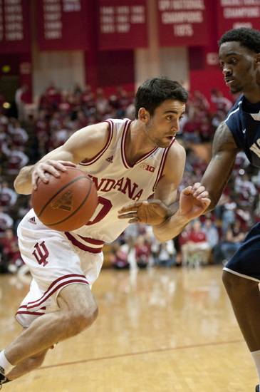 Hoosier forward Will Sheehey drives toward the basket during the first half of IU\'s game against the University of North Florida at Assembly Hall in Bloomington, Saturday, Dec. 7, 2013.