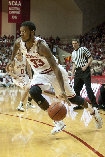 Hoosier forward Jeremy Hollowell drives from the corner of the court during IU\'s 89-68 victory against the University of North Florida at Assembly Hall in Bloomington, Saturday, Dec. 7, 2013.