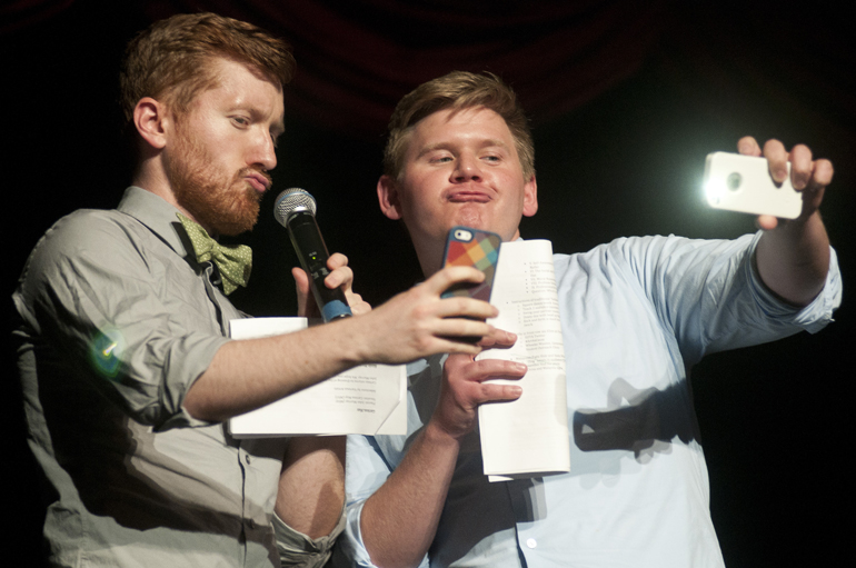 Emcees James Grogan and Chad Flowers take selfies in between acts during the IU School of Medicine\'s annual Evening of the Arts at the Madame Walker Theatre, Saturday, April 12, 2014. Funds raised through the event support four free medical clinics around Indianapolis.