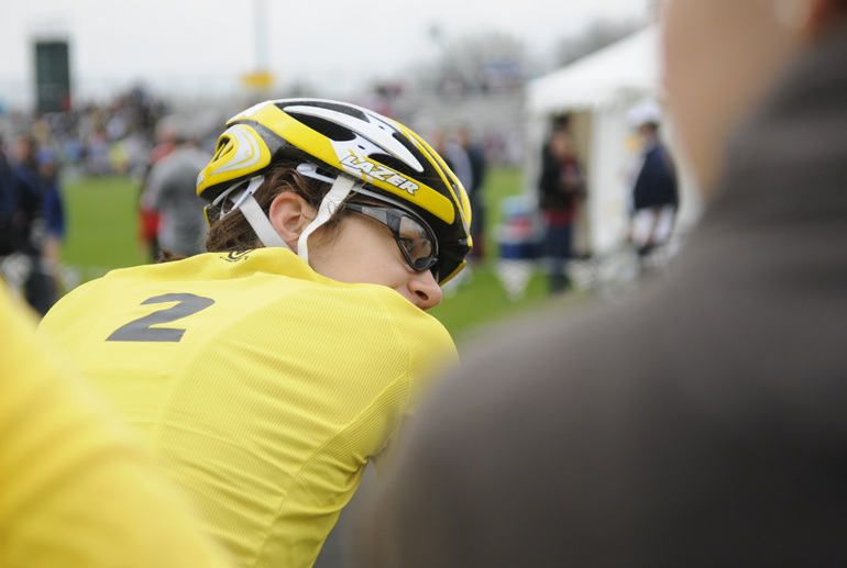 Teter rider Lauren Gowdy looks back toward the crowd during warmups for the women’s Little 500 on Friday at Bill Armstrong Stadium. Teter, who claimed the second spot in qualifications, won the race in 2010.