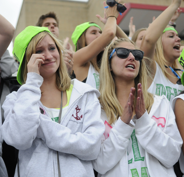 Delta Gamma fans cry after their team’s third place finish in the women’s Little 500 on Friday at Bill Armstrong Stadium.