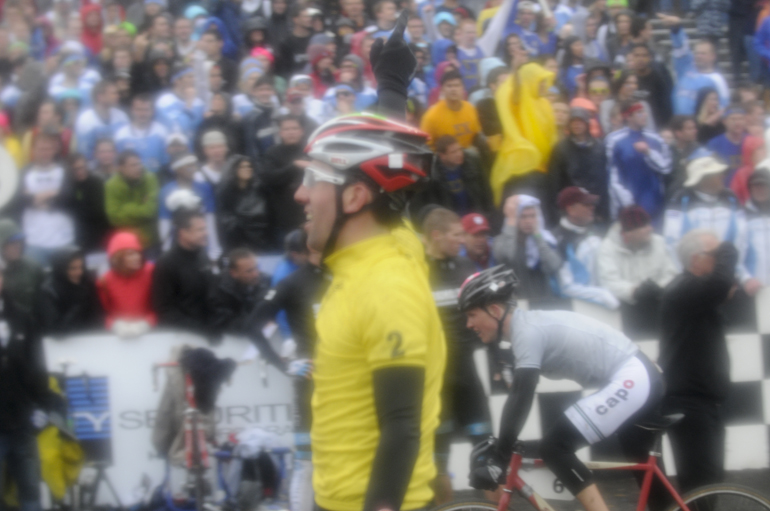 Cutters senior Eric Young waves a finger in the air after winning his team’s fifth straight men’s Little 500 race.