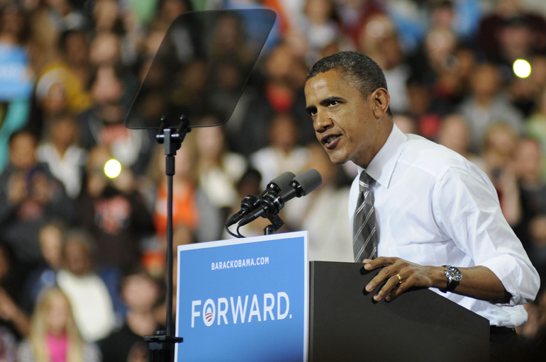 U.S. President Barack Obama makes a point during a presidential campaign stop Sept. 26 at Bowling Green State University's Stroh Center in Bowling Green, Ohio.