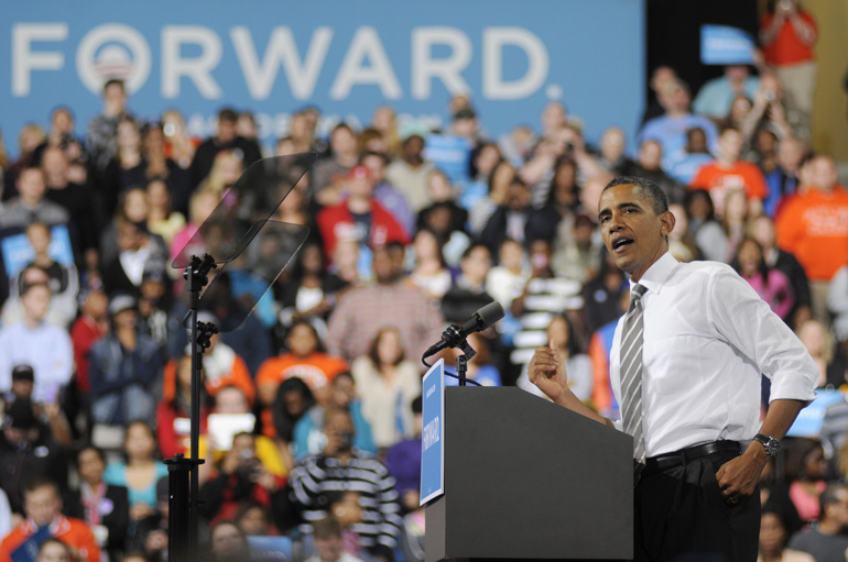 U.S. President Barack Obama speaks during a presidential campaign stop Sept. 26 at Bowling Green State University's Stroh Center in Bowling Green, Ohio.