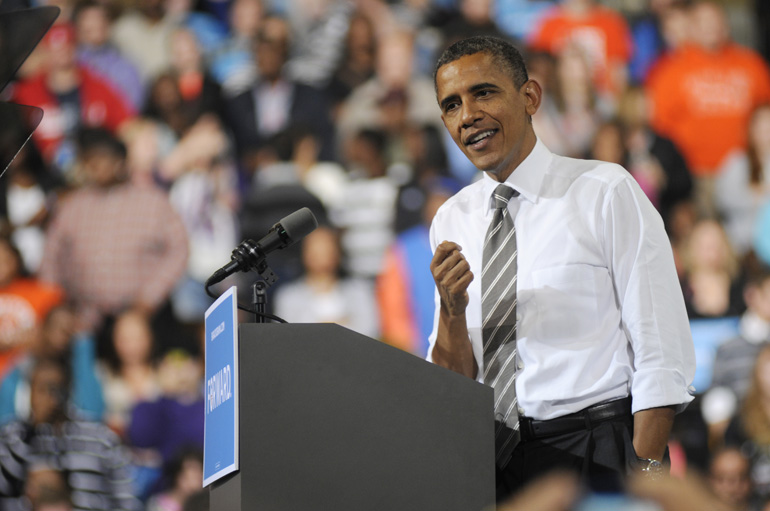 U.S. President Barack Obama speaks during a presidential campaign stop Sept. 26 at Bowling Green State University's Stroh Center in Bowling Green, Ohio.