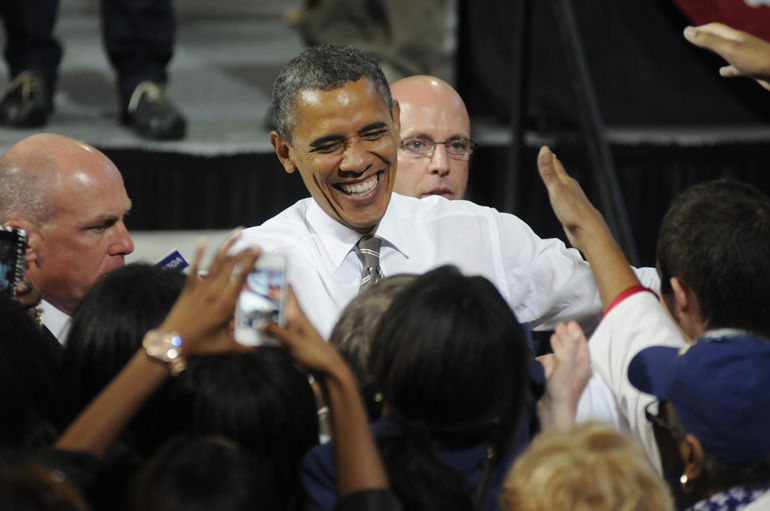 U.S. President Barack Obama shakes hands during a presidential campaign stop Sept. 26 at Bowling Green State University's Stroh Center in Bowling Green, Ohio.