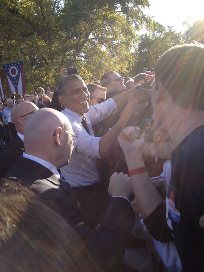 U.S. President Barack Obama shakes hands with supporters after his stump speech at the Ohio State University in Columbus, Ohio.