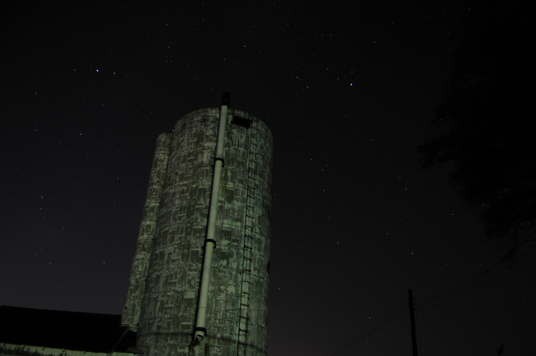 The abandoned silo makes it Indiana. The upcoming barn door tracker should make photos like this even more awesome, because I could leave the shutter open for up to 30 minutes as the camera follows the starts. 