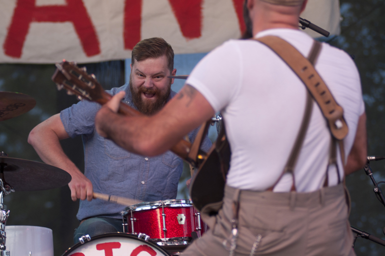 The Reverend Peyton\'s Big Damn Band drummer Ben Bussell and The Rev. J. Peyton perform during Hoosier Night on the Marsh Free Stage at the Indiana State Fair, Friday, August 16, 2013.