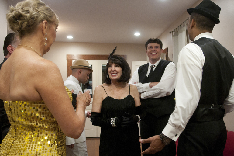 Arthur Murray Studio dancer Barbara Leininger talks with other performers before the Dancing with the Johnson County Stars charity fundraiser at the Historic Artcraft Theatre in Franklin, Friday, Sept. 26, 2014.