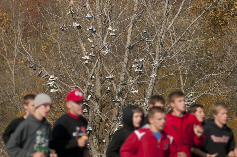 A tree is filled with old running shoes during warm-ups for the 33rd IHSAA Cross Country State Finals in Terre Haute, Saturday, Nov. 2, 2013.