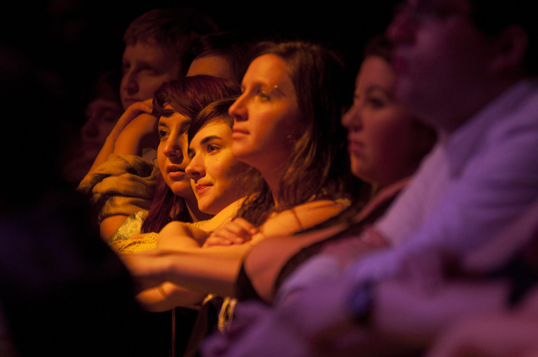Audience members listen to The Courtneys perform before Tegan and Sara\'s concert at Old National Centre, Saturday, May 10, 2014.